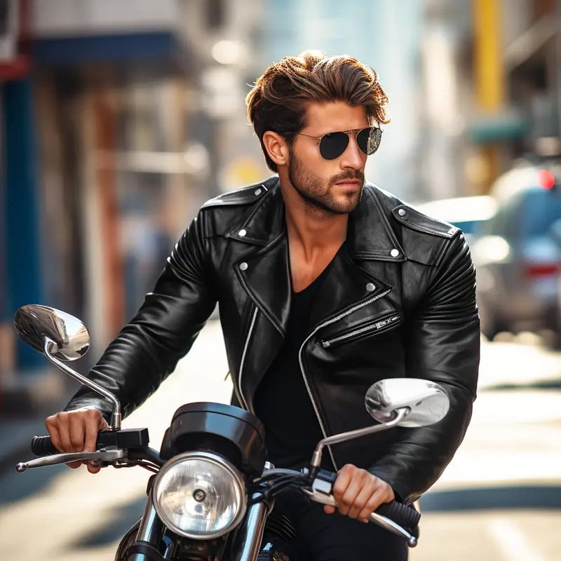 chaqueta de cuero ajustada estilo urbano para motociclista