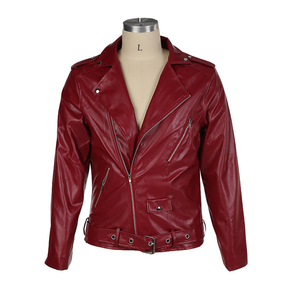 chaqueta de cuero premium con cuello alto y diseño patchwork para moto