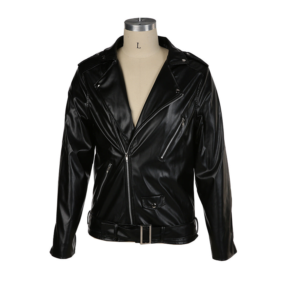 chaqueta de cuero premium con cuello alto y diseño patchwork para moto