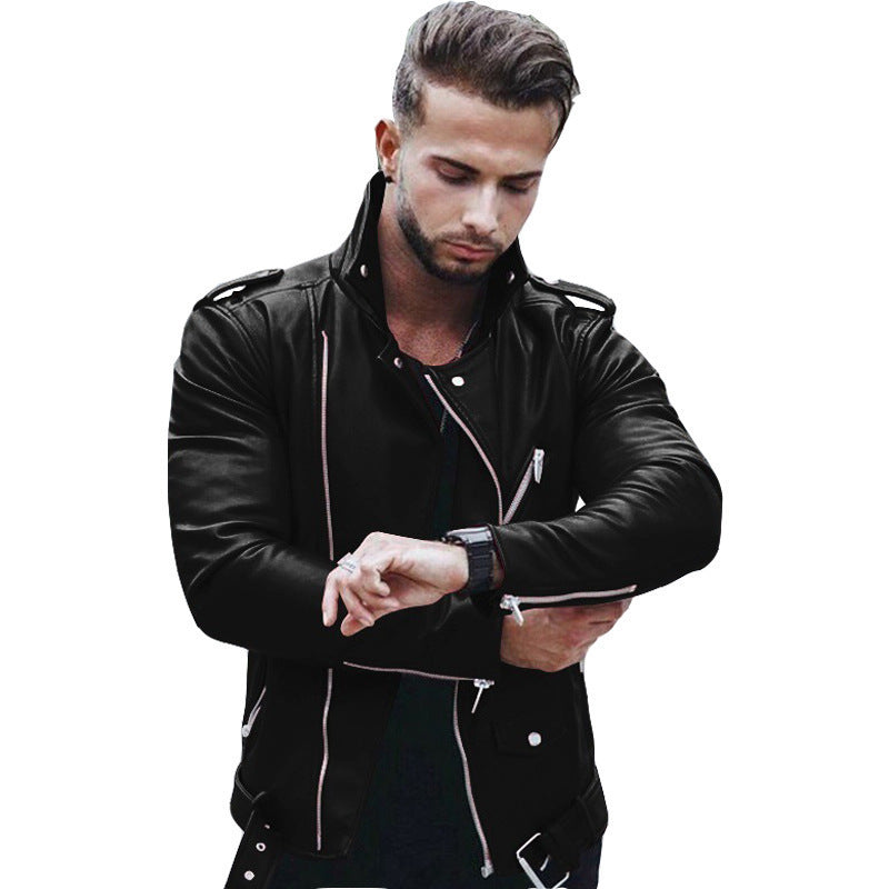 chaqueta de cuero premium con cuello alto y diseño patchwork para moto