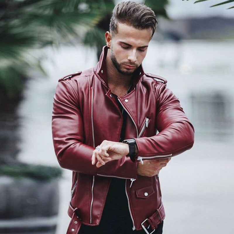 chaqueta de cuero premium con cuello alto y diseño patchwork para moto
