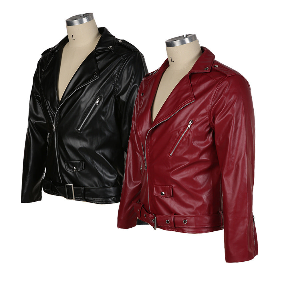 chaqueta de cuero premium con cuello alto y diseño patchwork para moto
